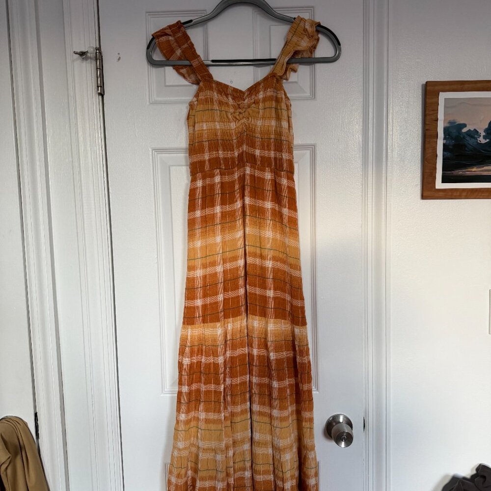 Anthropologie Maxi Dress – Orange Plaid, Tiered, Smocked Bodice, Ruffle Straps - Picture 5 of 8